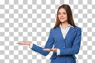 Recommended gesture business people do, photo of woman in blue blazer on blue background PNG clipart