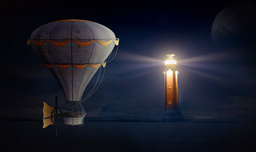 gray air balloon gliding near brown light tower thumbnail