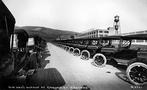 One day's output of 1917 Chevrolet automobiles in Oakland, California thumbnail