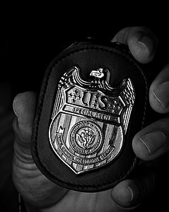 grayscale photo of left hand holding police badge thumbnail