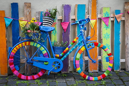blue and multicolored beach cruiser bike thumbnail