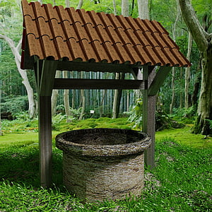 brown concrete well surrounded by green leaf trees thumbnail