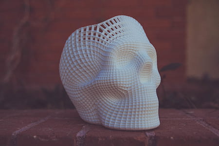 3D printed white skull on brick floor thumbnail