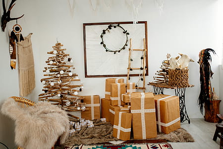 brown cardboard boxes and tree decor thumbnail