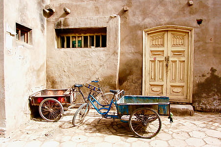 blue bicycle carriage parked near brown door thumbnail