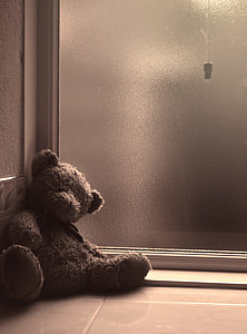 brown bear plush toy leaning on wall beside glass door thumbnail