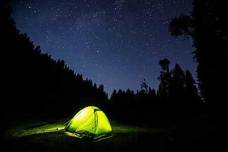 green dome tent near trees under stars thumbnail