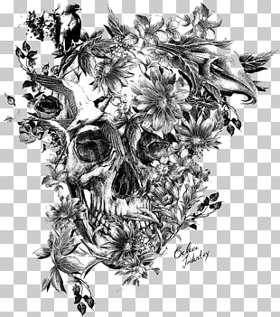 Calavera Sleeve tattoo Skull Black-and-gray, Tattoo, skull and flower pencil sketch PNG clipart