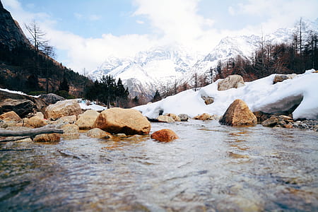 river near green leafed trees during cloudy sky thumbnail