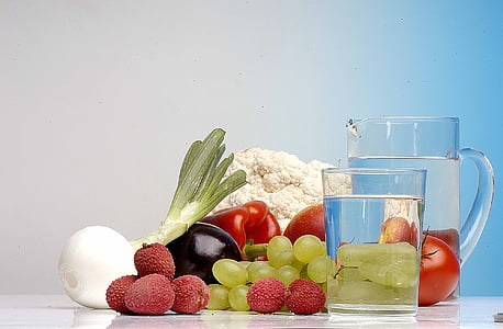 vegetables and fruits beside pitcher thumbnail