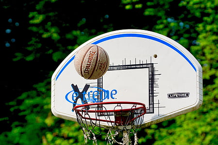 selective focus photography of brown Spalding ball about to shoot on basketball hoop thumbnail