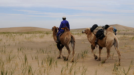 man riding on camel in the middle of dessert thumbnail