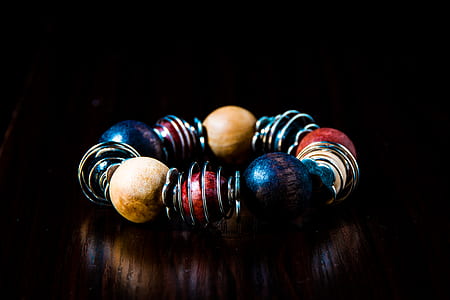Blue, Red, Beige, and Silver Beaded Bracelet thumbnail