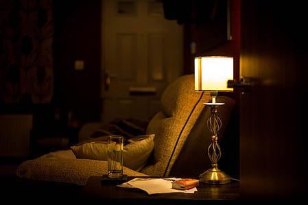 turned on brown table lamp thumbnail