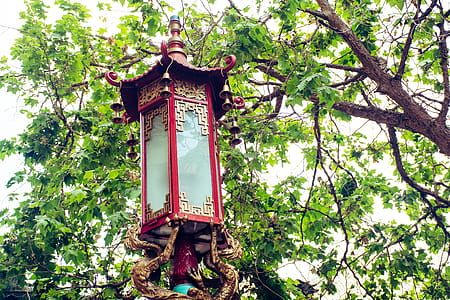 Red and Brown Light Post Under Green Leaf Tree thumbnail