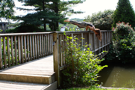 woman wearing black top and gray pants outfit doing hand balance stunt on gray wooden footed bridge during daytime thumbnail