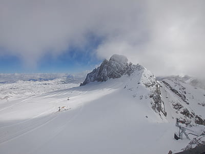 photo of snow covered mountain under cloudy sky thumbnail