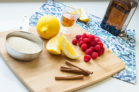 jam ingredients, sugar, lemon, raspberries, cinammon and liquor thumbnail