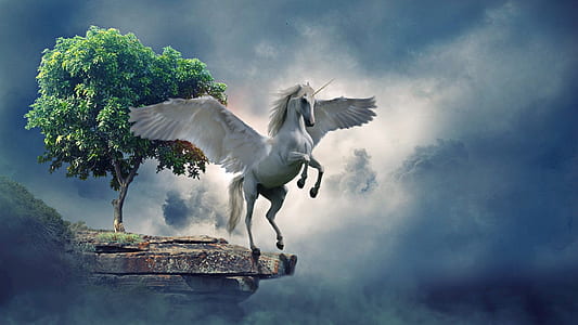 white unicorn near green tree digital wallpaper thumbnail