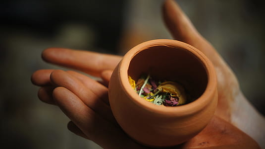 person holding orange ceramic pot thumbnail