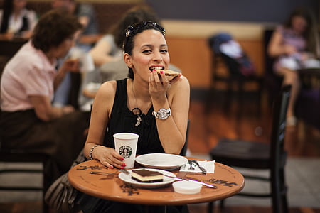 woman eating on table thumbnail