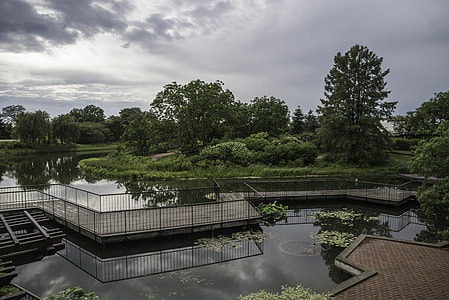 Walkway in the middle of the pond in Chicago Botanical Gardens thumbnail