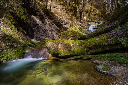 calm body of water surrounded by green moss thumbnail
