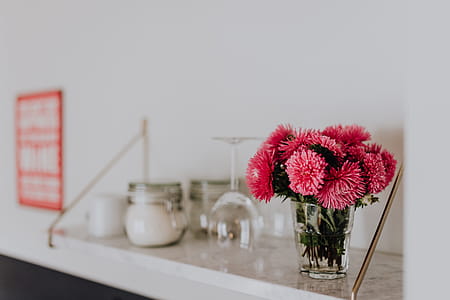 Beautiful fresh pink flowers on marble shelf thumbnail