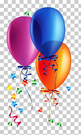 Birthday customs and celebrations Balloon Party , Transparent Balloons with Confetti , three blue, orange, and pink balloons illustration PNG clipart