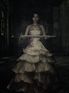 3D illustration of a woman in white dress holding a sword thumbnail