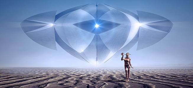 person standing on deserted land near spacecraft thumbnail
