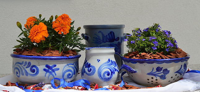 white-and-blue floral ceramic vase and bowls thumbnail