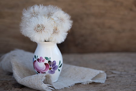 white dandelions on white floral ceramic vase thumbnail