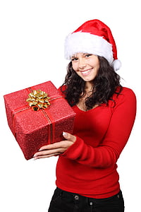 woman wearing Santa Claus hat showing her gift thumbnail