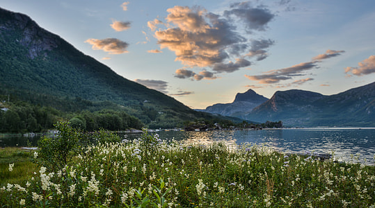 green grass rocky mountain surrounded by body of water taken during day time thumbnail