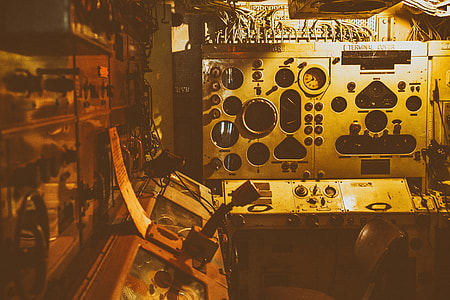 This is the interior control room from an old Navy warship boat, image taken at Chatham Dockyard in Kent, England thumbnail