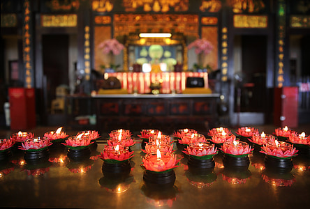 lighted candles on pink water lily candle holders thumbnail