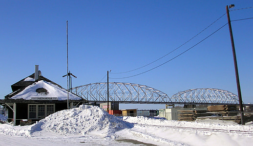 Nenana train station and Parks Highway bridge in Alaska thumbnail