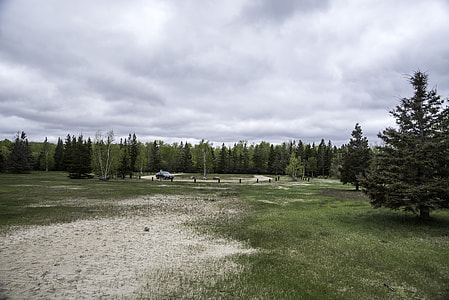 Parking lot landscape under cloudy skies, Zippel Bay State Park thumbnail