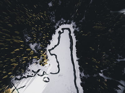 drone view, aerial view, snow, forest thumbnail