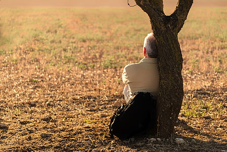 man leaning on tree on grass field thumbnail