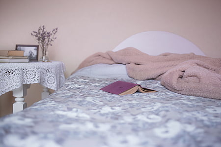 blue covered book on bed thumbnail