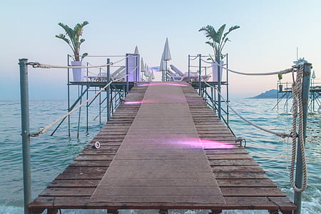 brown wooden bridge across umbrellas thumbnail