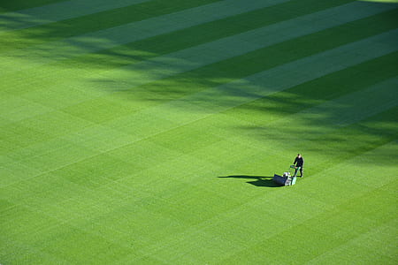 man pushing lawn in the middle of field thumbnail