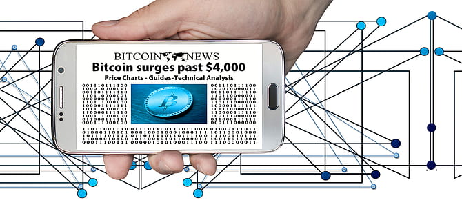 person holding Android smartphone displaying bitcoin text thumbnail