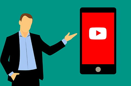 Mobile phone with youtuve app - illustration of man pointing at device. thumbnail