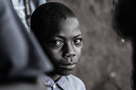 Grayscale Photo of Boy Wearing Collared Shirt thumbnail