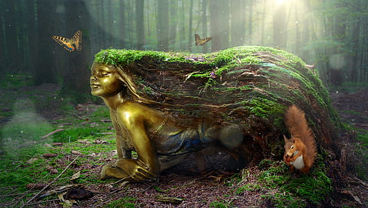 woman with green hair leaves in forest with squirrel and butterflies thumbnail