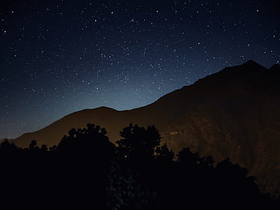 silhouette of trees overlooking mountain during nighttime thumbnail