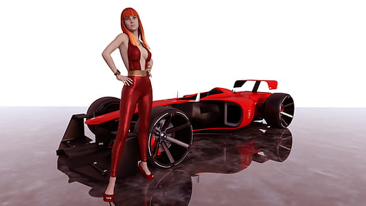 red-haired female character with red F1 vehicle illustration thumbnail